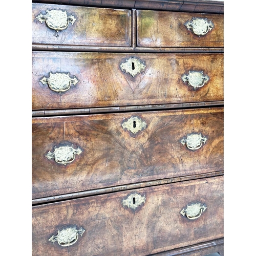 187 - CHEST, early 18th century English Queen Anne figured walnut and crossbanded, with two short and thre... 