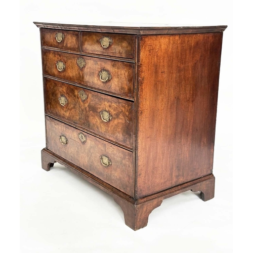 187 - CHEST, early 18th century English Queen Anne figured walnut and crossbanded, with two short and thre... 