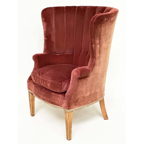 193 - WING ARMCHAIR, Georgian style claret red velvet upholstered with barrel back, scroll arms and square... 