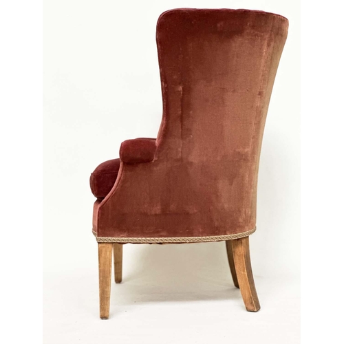 193 - WING ARMCHAIR, Georgian style claret red velvet upholstered with barrel back, scroll arms and square... 