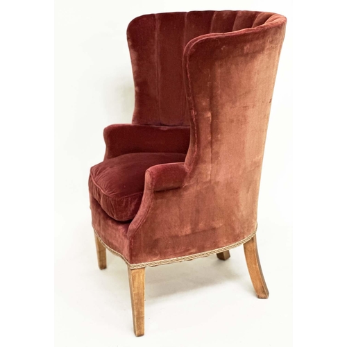 193 - WING ARMCHAIR, Georgian style claret red velvet upholstered with barrel back, scroll arms and square... 