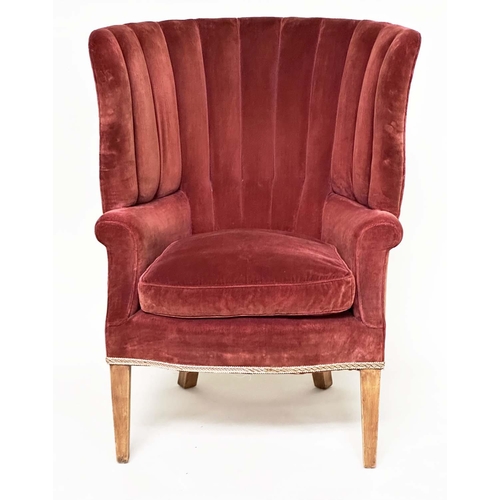 193 - WING ARMCHAIR, Georgian style claret red velvet upholstered with barrel back, scroll arms and square... 