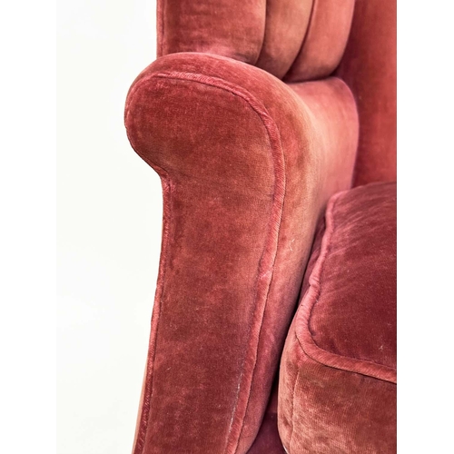 193 - WING ARMCHAIR, Georgian style claret red velvet upholstered with barrel back, scroll arms and square... 