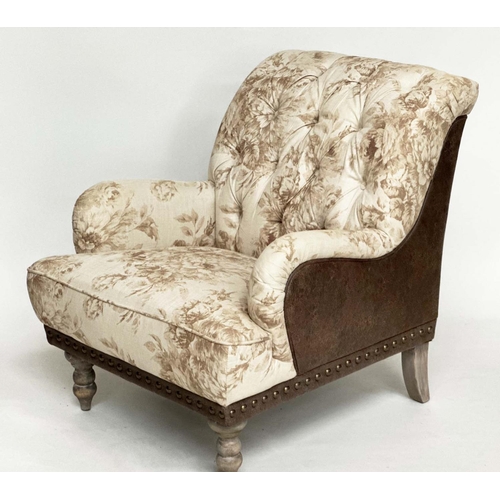 197 - ARMCHAIR, Country House style with Geoffrey Bennison style fabric buttoned upholstery, with studded ... 