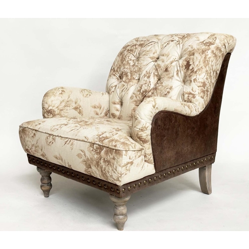 197 - ARMCHAIR, Country House style with Geoffrey Bennison style fabric buttoned upholstery, with studded ... 