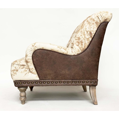 197 - ARMCHAIR, Country House style with Geoffrey Bennison style fabric buttoned upholstery, with studded ... 