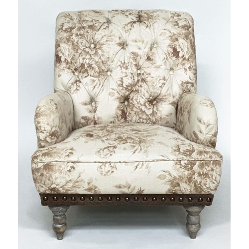 197 - ARMCHAIR, Country House style with Geoffrey Bennison style fabric buttoned upholstery, with studded ... 