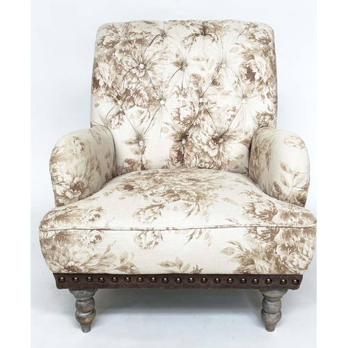 197 - ARMCHAIR, Country House style with Geoffrey Bennison style fabric buttoned upholstery, with studded ... 