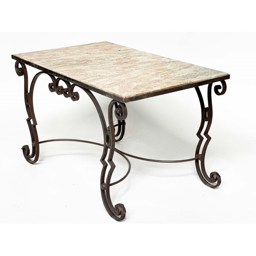 199 - LOW TABLE, early 20th century French, with variegated sienna marble top on scrolling wrought iron su... 