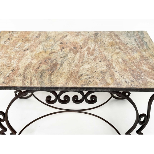 199 - LOW TABLE, early 20th century French, with variegated sienna marble top on scrolling wrought iron su... 