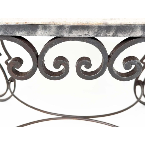 199 - LOW TABLE, early 20th century French, with variegated sienna marble top on scrolling wrought iron su... 