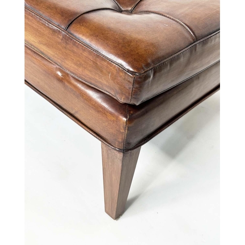 213 - CENTRE STOOL, rectangular with deep buttoned soft natural hand finished tan brown leather upholstery... 