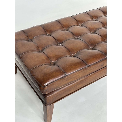 213 - CENTRE STOOL, rectangular with deep buttoned soft natural hand finished tan brown leather upholstery... 