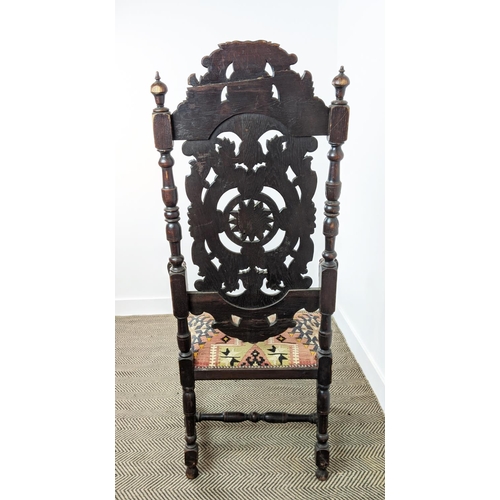 485 - ARMCHAIR, late 19th century Carolean style oak with high carved back and kilim padded seat, 141cm H ... 