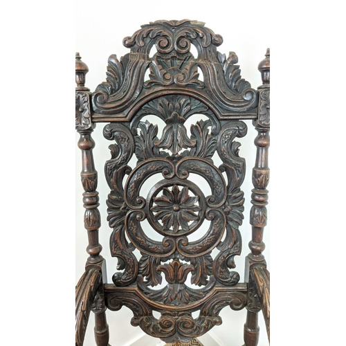 485 - ARMCHAIR, late 19th century Carolean style oak with high carved back and kilim padded seat, 141cm H ... 