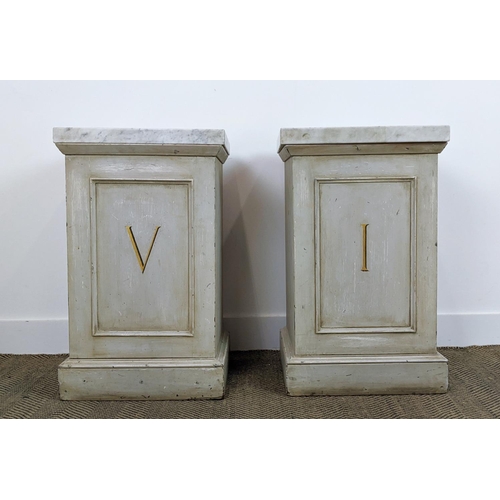 486 - PEDESTALS, a pair, grey painted with Roman numeral detail, marble tops, 43cm x 39cm x 71cm. (2)