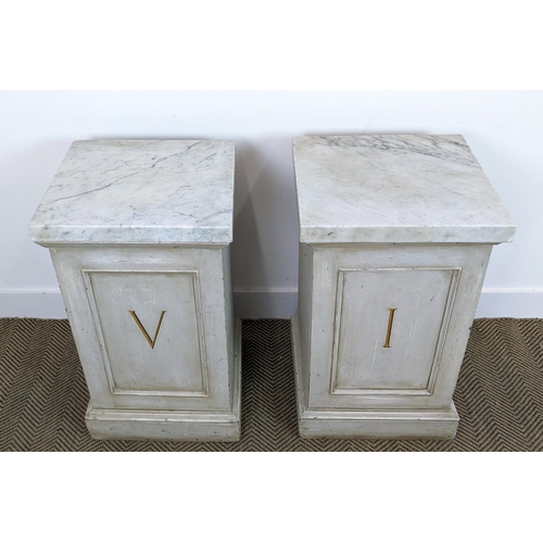 486 - PEDESTALS, a pair, grey painted with Roman numeral detail, marble tops, 43cm x 39cm x 71cm. (2)