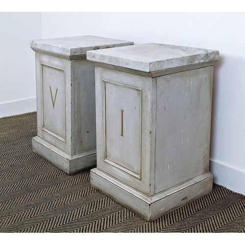 486 - PEDESTALS, a pair, grey painted with Roman numeral detail, marble tops, 43cm x 39cm x 71cm. (2)