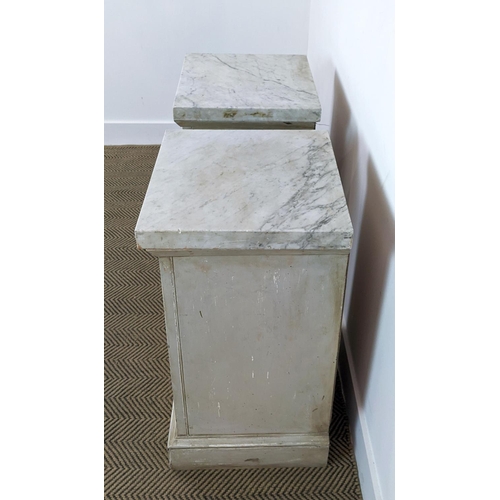 486 - PEDESTALS, a pair, grey painted with Roman numeral detail, marble tops, 43cm x 39cm x 71cm. (2)