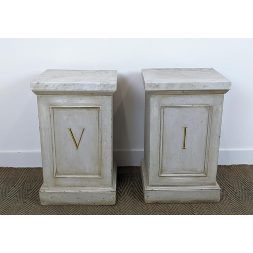 486 - PEDESTALS, a pair, grey painted with Roman numeral detail, marble tops, 43cm x 39cm x 71cm. (2)