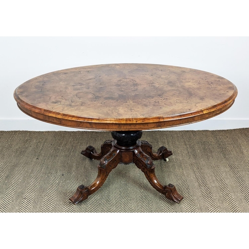 487 - LOO TABLE, mid Victorian burr walnut and walnut with oval tilt top and ceramic castors, 73cm H x 135... 