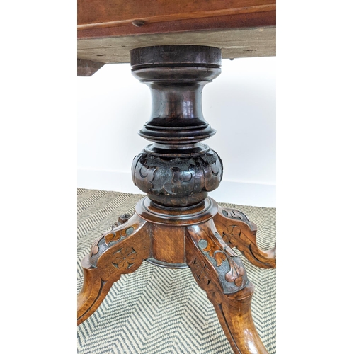 487 - LOO TABLE, mid Victorian burr walnut and walnut with oval tilt top and ceramic castors, 73cm H x 135... 