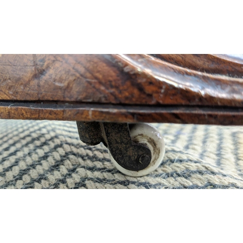 487 - LOO TABLE, mid Victorian burr walnut and walnut with oval tilt top and ceramic castors, 73cm H x 135... 