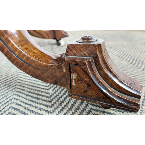 487 - LOO TABLE, mid Victorian burr walnut and walnut with oval tilt top and ceramic castors, 73cm H x 135... 