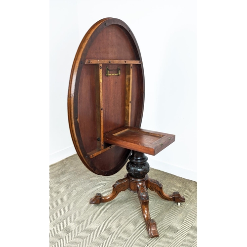 487 - LOO TABLE, mid Victorian burr walnut and walnut with oval tilt top and ceramic castors, 73cm H x 135... 