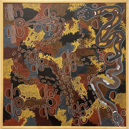 51 - AUSTRALIAN ABORIGINAL SCHOOL (20th century), 'Snake Dreaming', oil on canvas, 143cm x 143cm, framed.