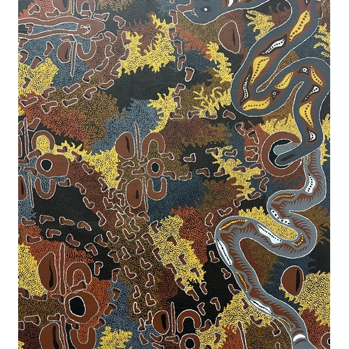 51 - AUSTRALIAN ABORIGINAL SCHOOL (20th century), 'Snake Dreaming', oil on canvas, 143cm x 143cm, framed.