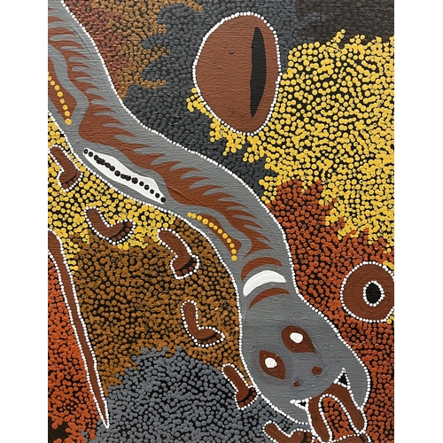 51 - AUSTRALIAN ABORIGINAL SCHOOL (20th century), 'Snake Dreaming', oil on canvas, 143cm x 143cm, framed.