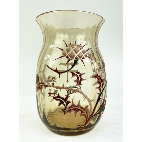 2 - EMILE GALLE GLASS VASE, Art Nouveau, ribbed with enamel thistle, signed E. Galle, Nancy to base, 17c... 