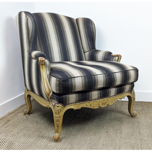 488 - BERGERE A OREILLE, late 19th century French painted in grey striped upholstery, 100cm H x 90cm W.