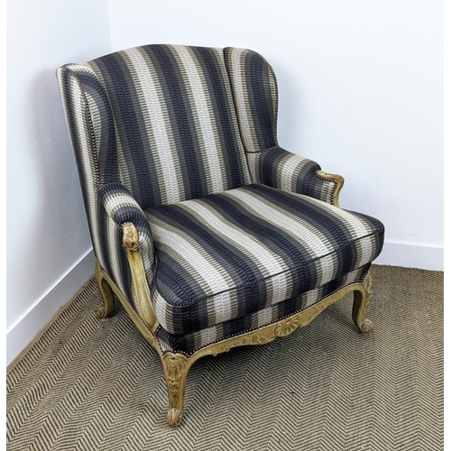 488 - BERGERE A OREILLE, late 19th century French painted in grey striped upholstery, 100cm H x 90cm W.