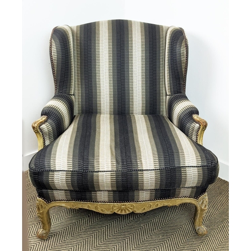 488 - BERGERE A OREILLE, late 19th century French painted in grey striped upholstery, 100cm H x 90cm W.