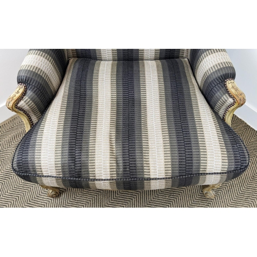 488 - BERGERE A OREILLE, late 19th century French painted in grey striped upholstery, 100cm H x 90cm W.