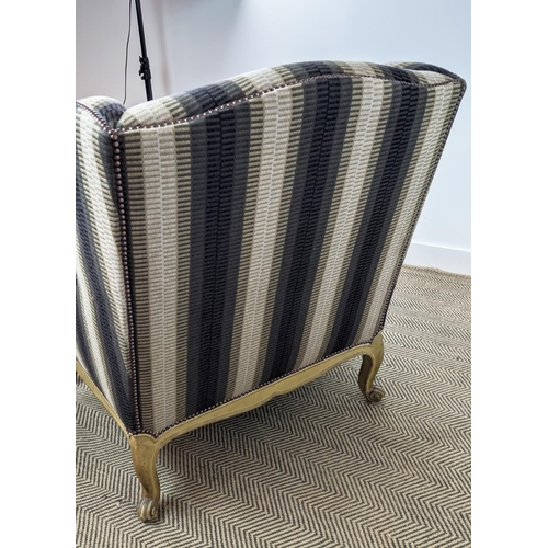 488 - BERGERE A OREILLE, late 19th century French painted in grey striped upholstery, 100cm H x 90cm W.