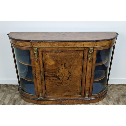 490 - CREDENZA, Victorian walnut, inlaid and brass mounted with a door flanked by bowed glazed doors enclo... 