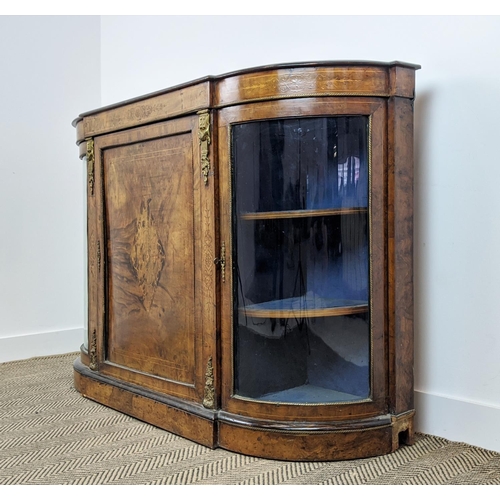 490 - CREDENZA, Victorian walnut, inlaid and brass mounted with a door flanked by bowed glazed doors enclo... 