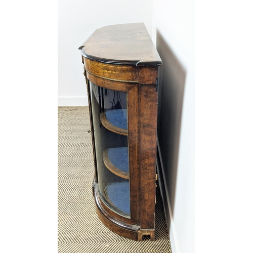 490 - CREDENZA, Victorian walnut, inlaid and brass mounted with a door flanked by bowed glazed doors enclo... 