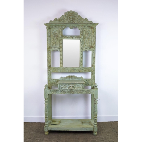 493 - HALL STAND, early 20th century green painted oak with mirror and glove drawer, 220cm H x 100cm W x 3... 