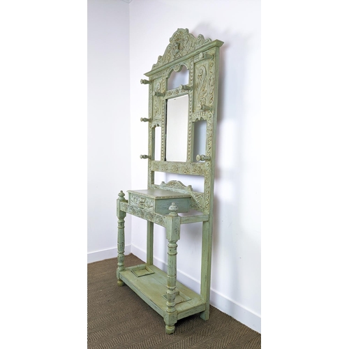 493 - HALL STAND, early 20th century green painted oak with mirror and glove drawer, 220cm H x 100cm W x 3... 