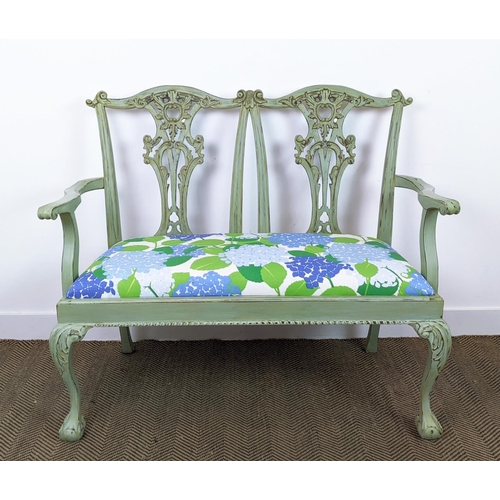 494 - SETTEE, Georgian style green painted with twin chair back and floral drop in seat, 100cm H x 117cm W... 