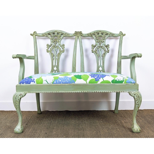 494 - SETTEE, Georgian style green painted with twin chair back and floral drop in seat, 100cm H x 117cm W... 