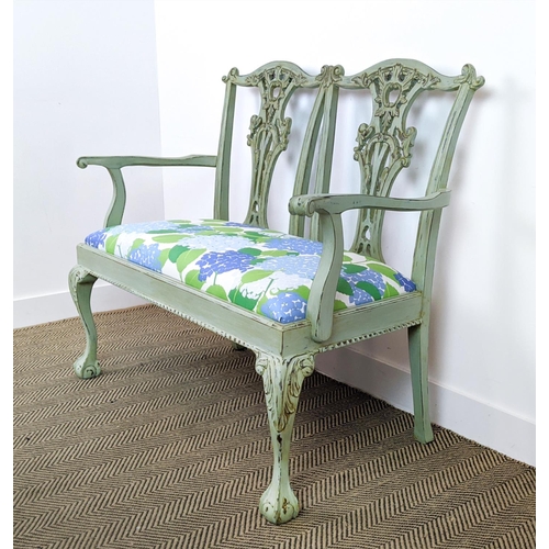 494 - SETTEE, Georgian style green painted with twin chair back and floral drop in seat, 100cm H x 117cm W... 