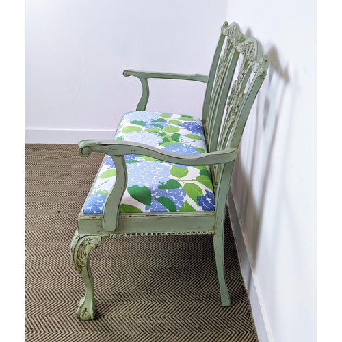 494 - SETTEE, Georgian style green painted with twin chair back and floral drop in seat, 100cm H x 117cm W... 