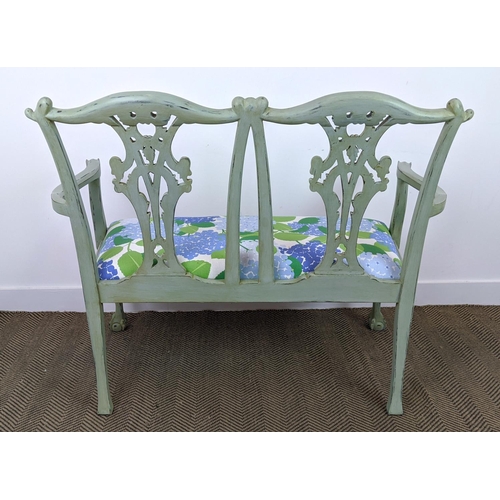 494 - SETTEE, Georgian style green painted with twin chair back and floral drop in seat, 100cm H x 117cm W... 