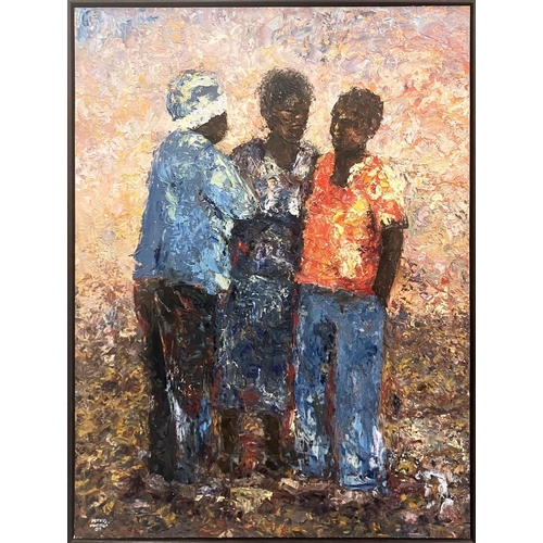 81 - PETROS MWENGA (b1985, Zimbabwe), 'Standing Figures', oil on board, 79cm x 59cm, signed, framed.