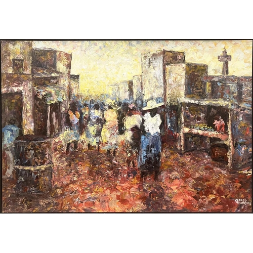 82 - PETROS MWENGA (b1985 Zimbabwe), 'Street Scene with Figures', oil on board, 54cm x 79cm, signed, fram... 